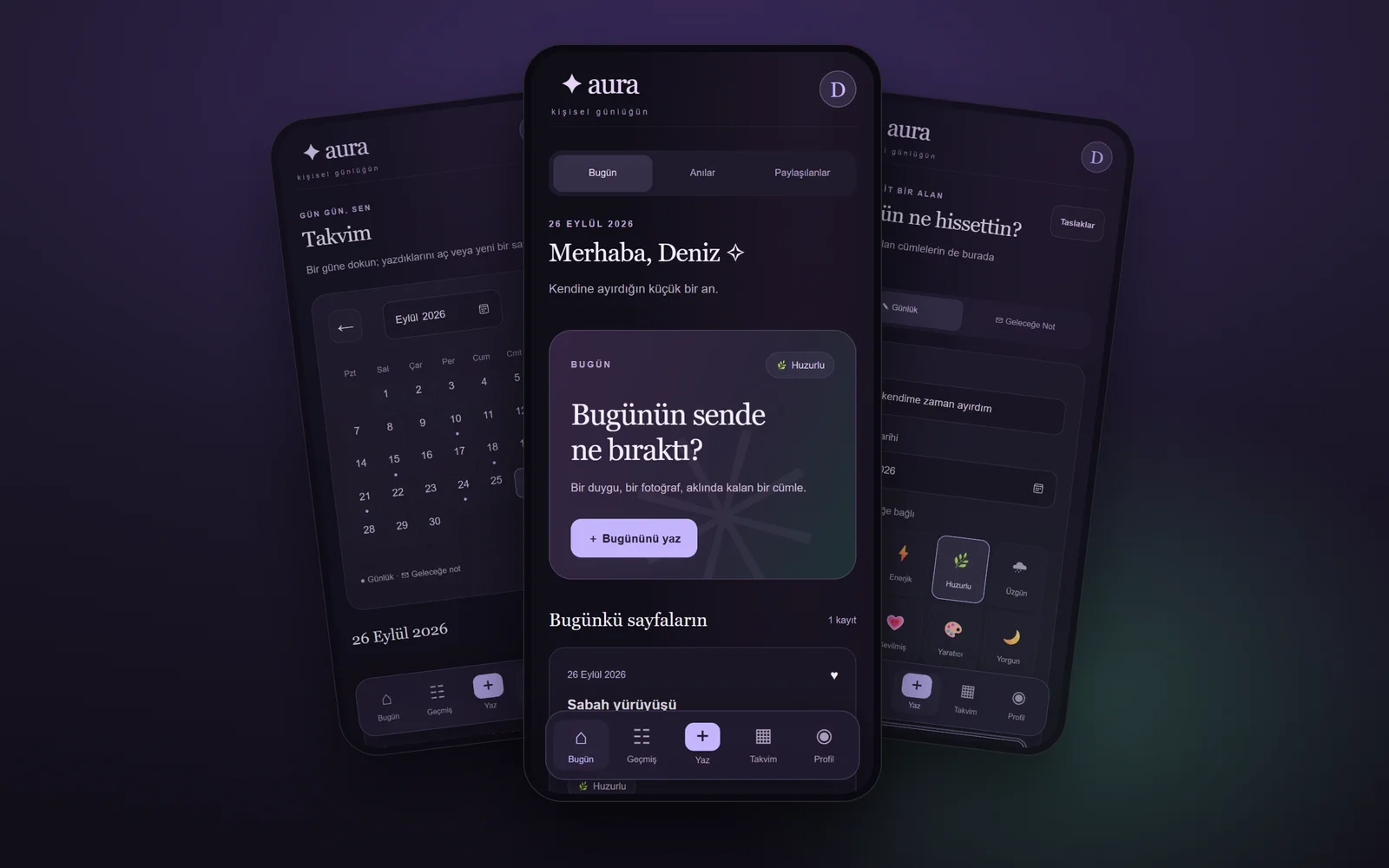 Aura app with sample data: Today, mood picker and calendar screens