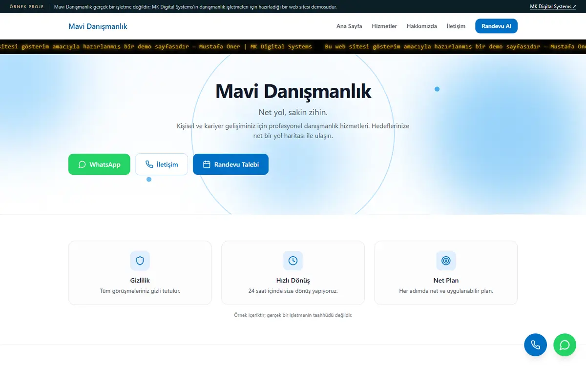 Opening screen of the Mavi Danışmanlık sample website