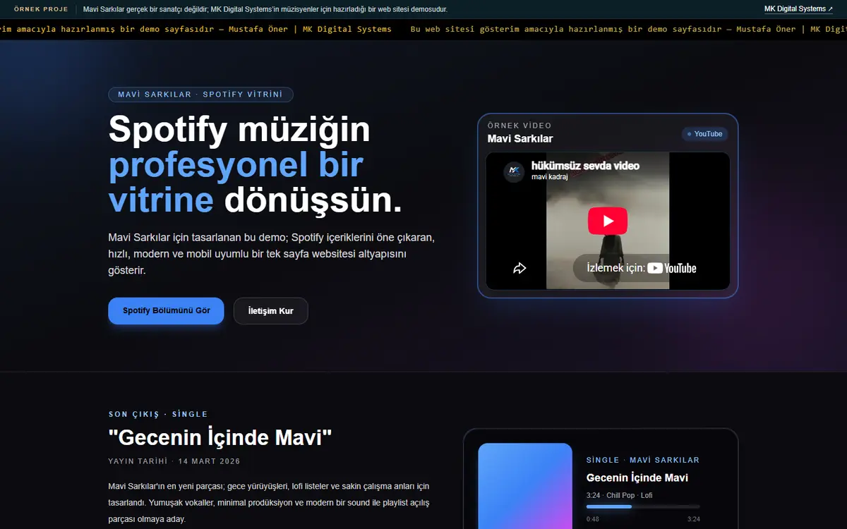 Opening screen of the Mavi Şarkılar artist site
