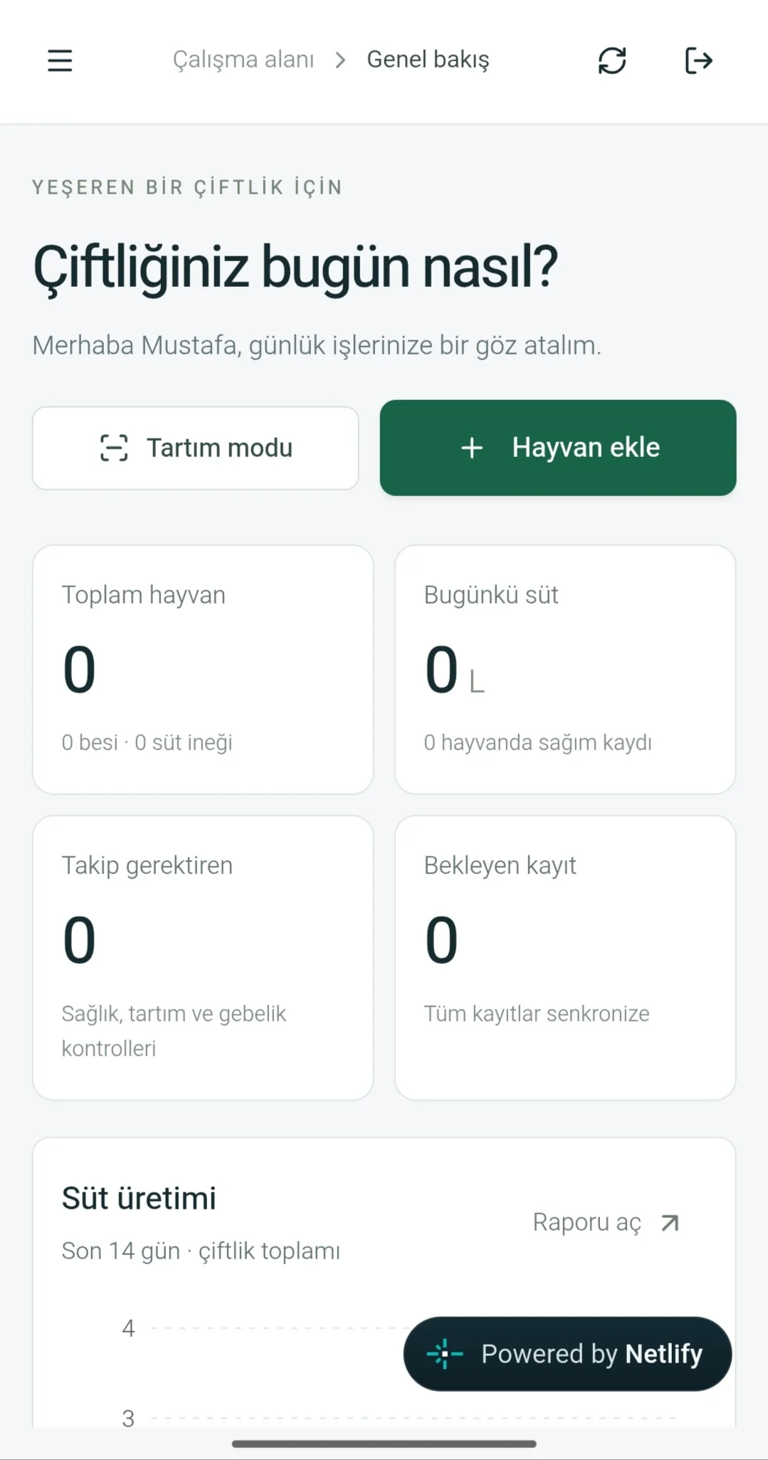Real overview screen of the MK Farm app
