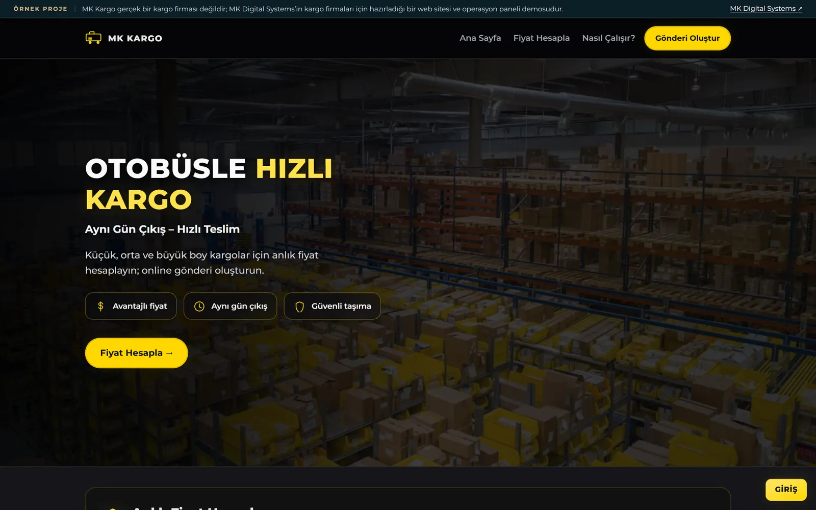 Opening screen of the MK Kargo sample website