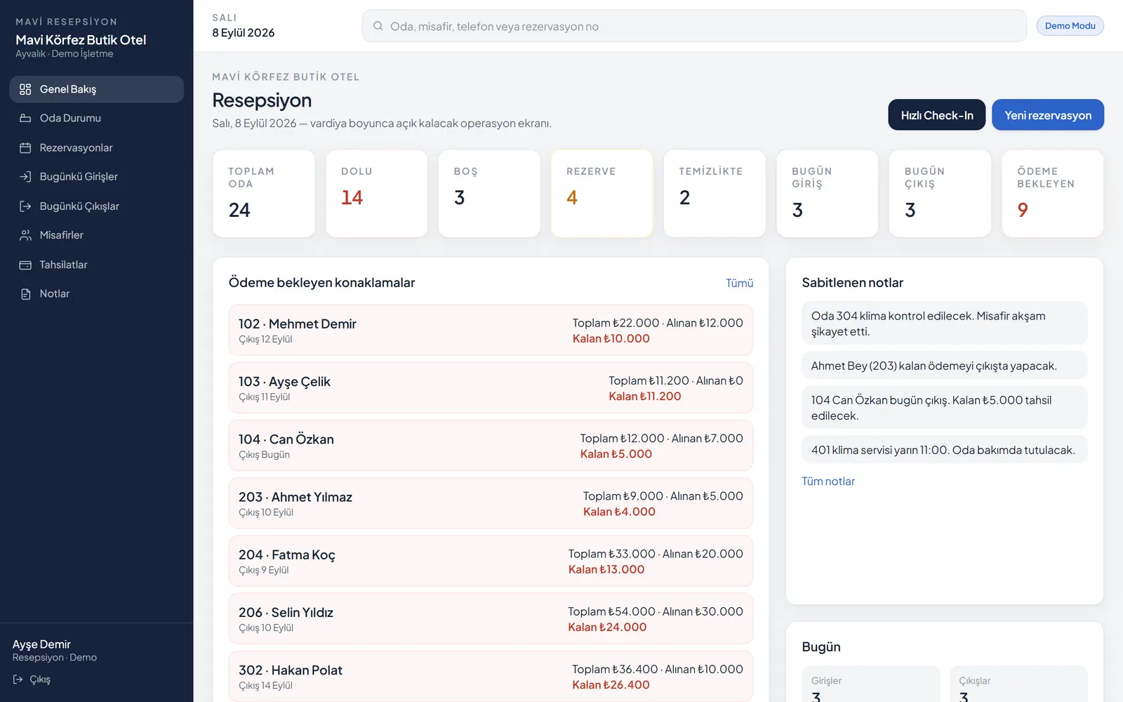 MK Resepsiyon demo with sample data: the front desk overview